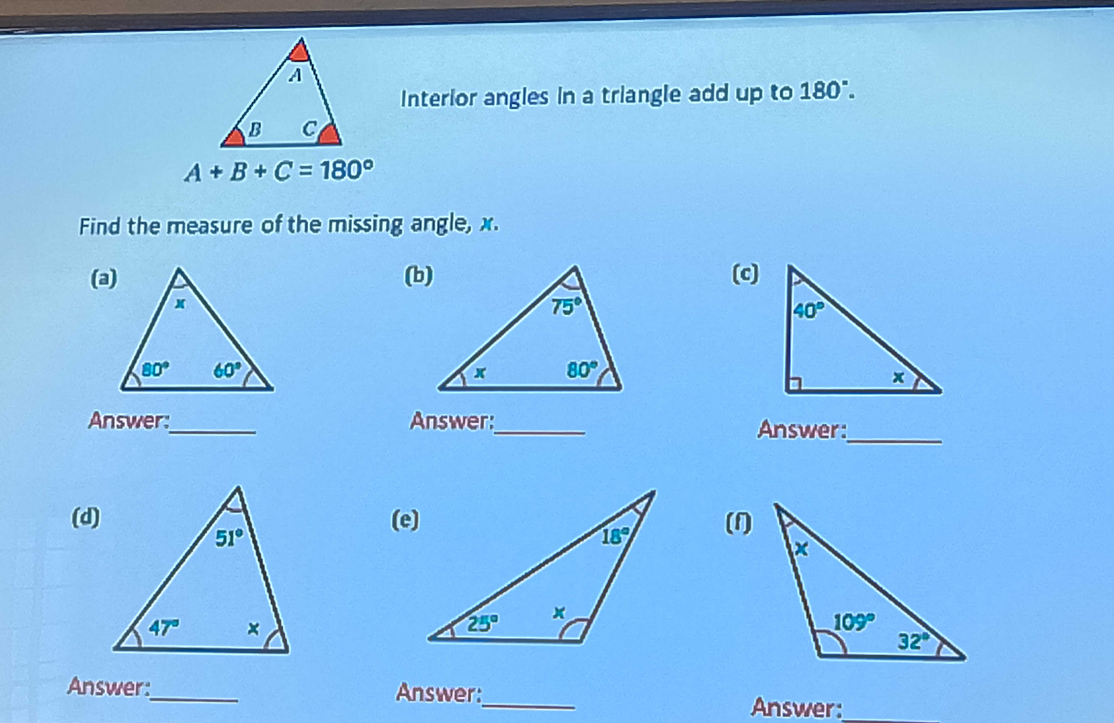 Interior angles in a triangle add up to 180A | StudyX