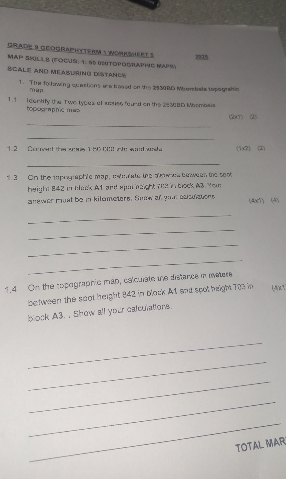 GRADE 9 GEOGRAPHYTERM 1 WORKSHEET 5 MAP | StudyX