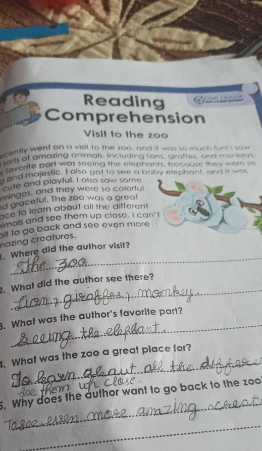 Reading Comprehension Visit to the zoo | StudyX
