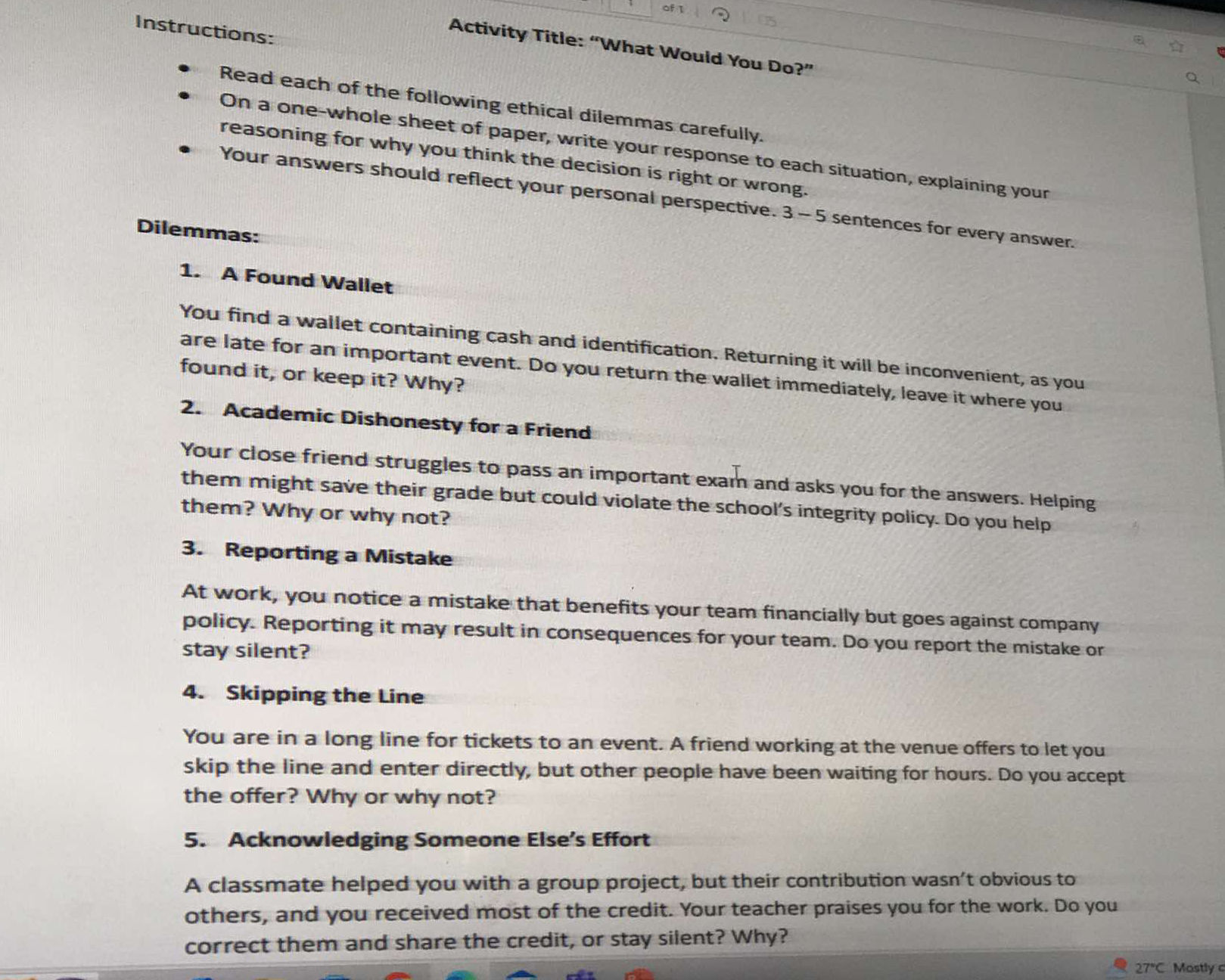 Activity Title What Would You | StudyX