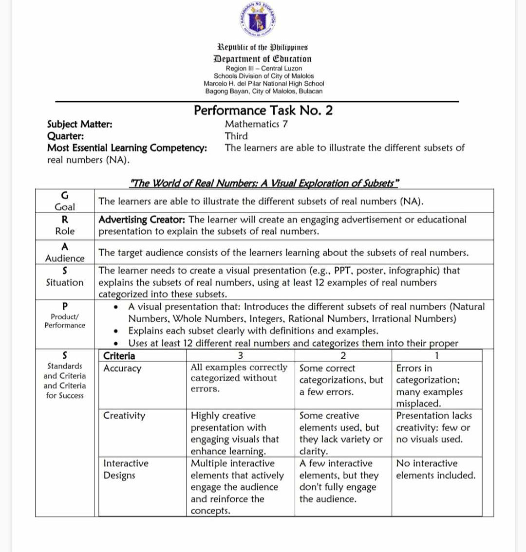 Performance Task No 2 Subject Matter | StudyX
