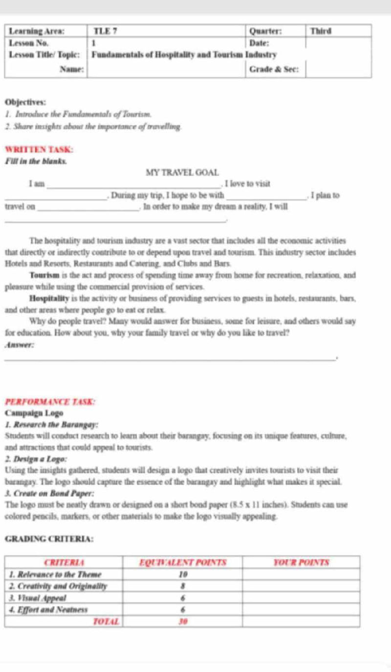 Learning Area TLE 7 Lesson No 1 Quarter