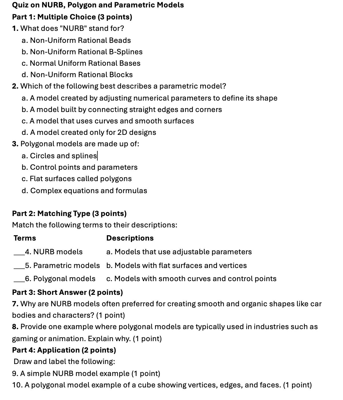 Quiz on NURB Polygon and Parametric