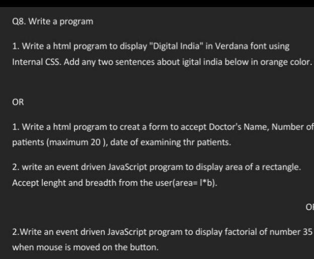 Q8 Write a program 1 Write a html program to