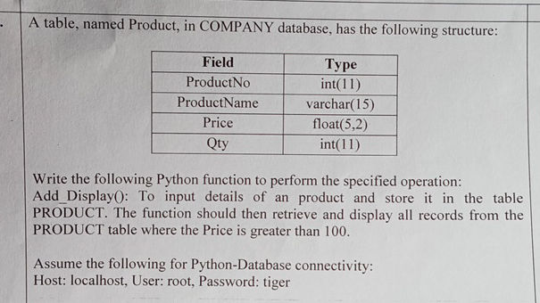 A table named Product in COMPANY database | StudyX