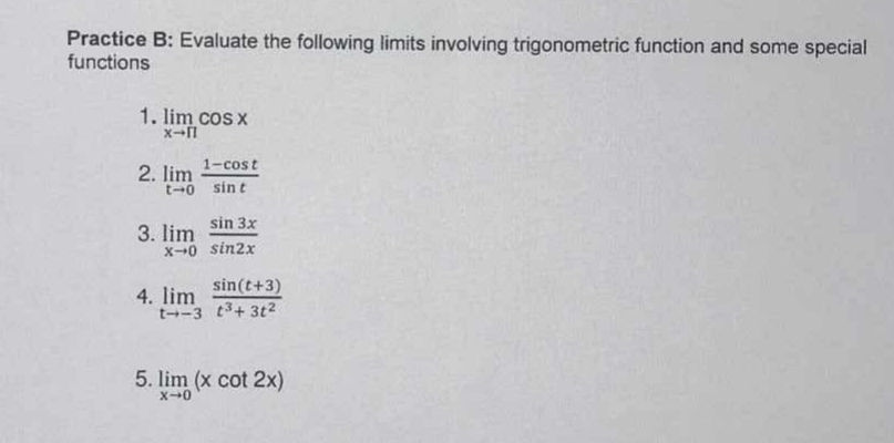 Practice B Evaluate the following limits | StudyX