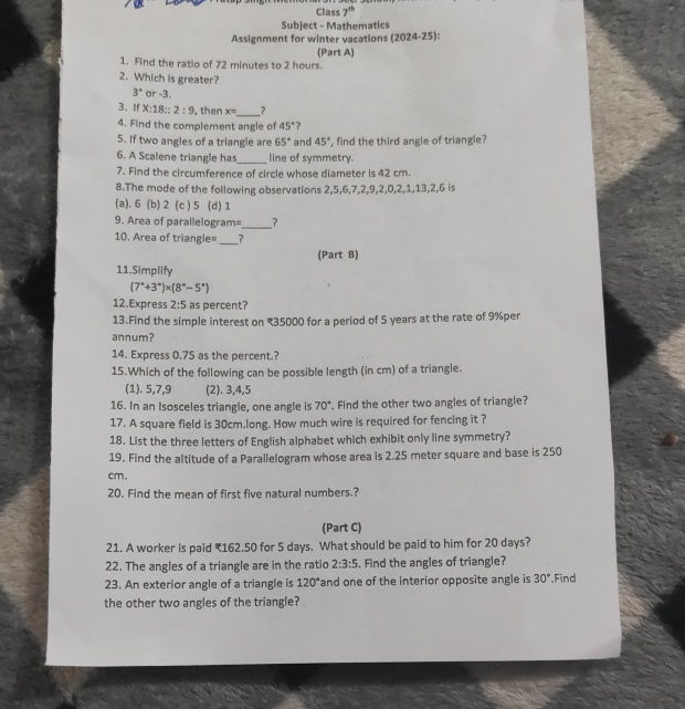 Class 7th Subject-Mathematics Assignment for | StudyX