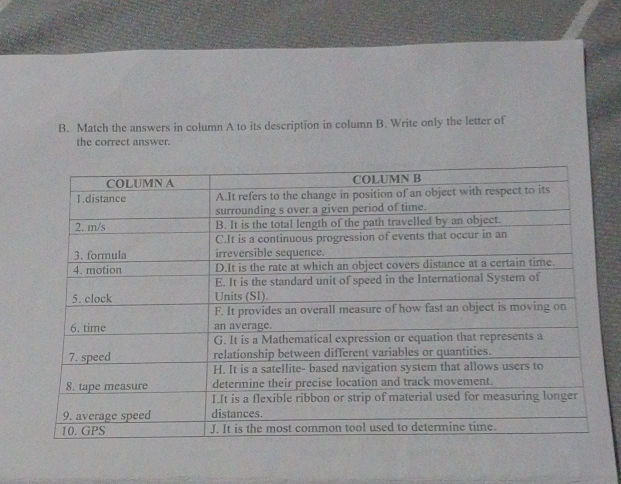 Basic Speed Distance Time Formulas B Match the answers in column A to its