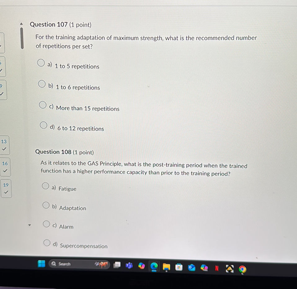 Question 107 (1 point) For the training