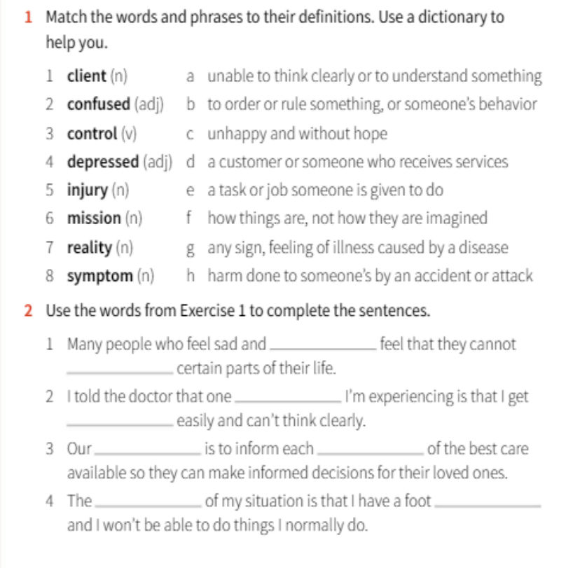 1 Match the words and phrases to their
