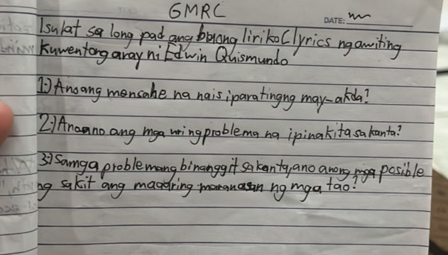 Isulat sa long pad ang buong liriko (lyrics