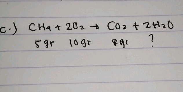 Calculating Moles Questions c CH4 2O2 rightarrow CO2 2H2O 5 gr 10 gr 8gr