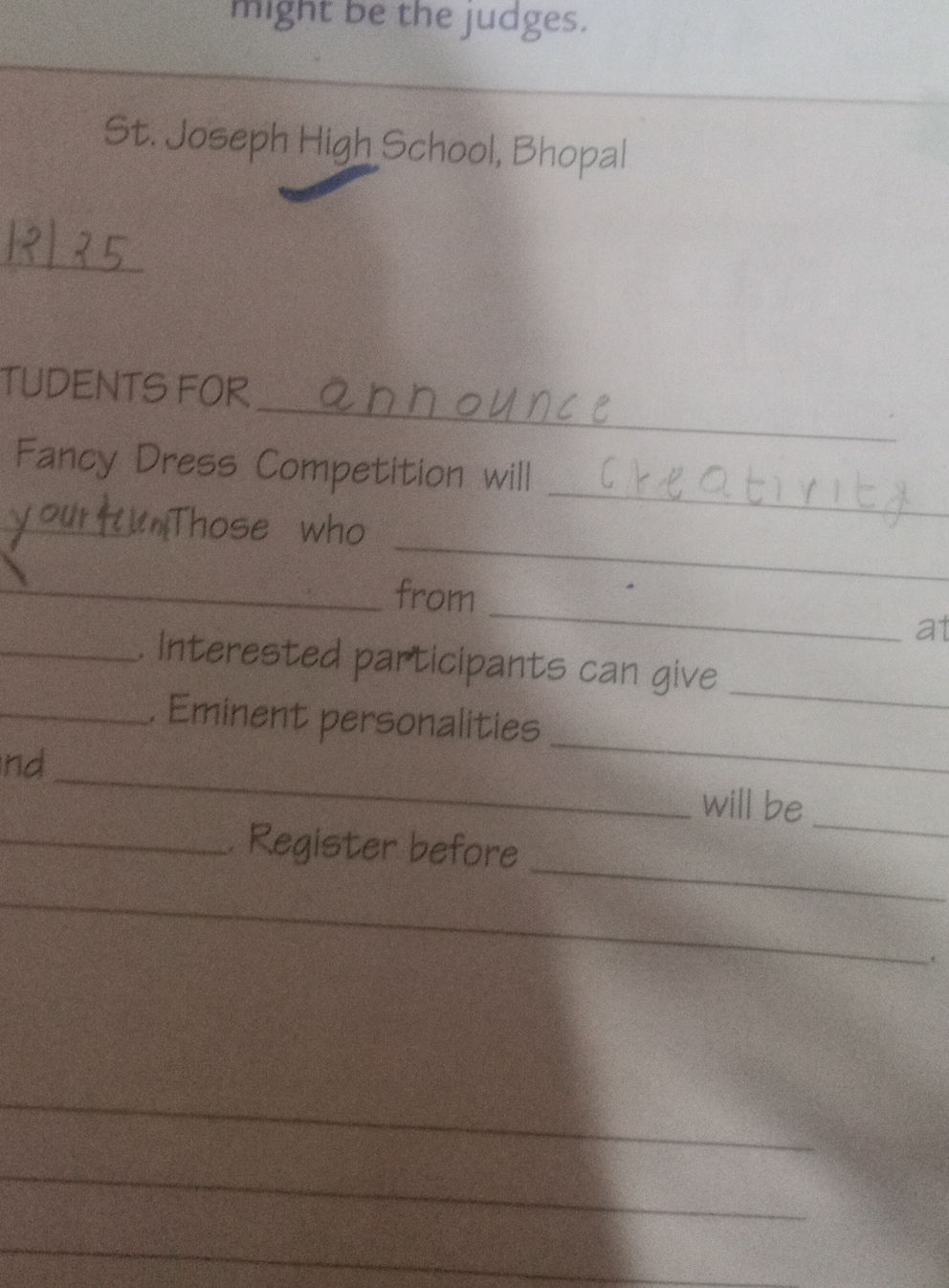 St Joseph High School Bhopal 12/25 TUDENTS