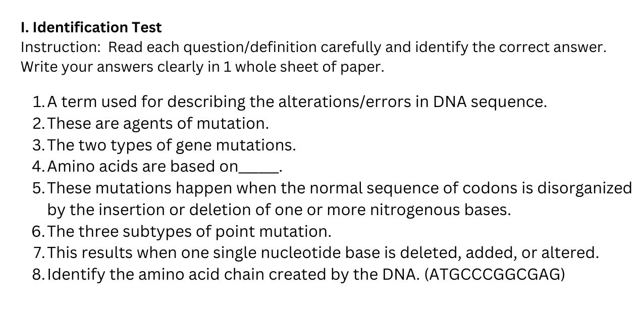 I Identification Test Instruction Read each | StudyX