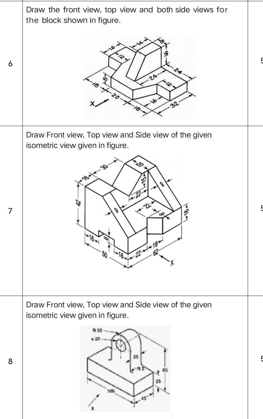 Draw the front view top view and both side