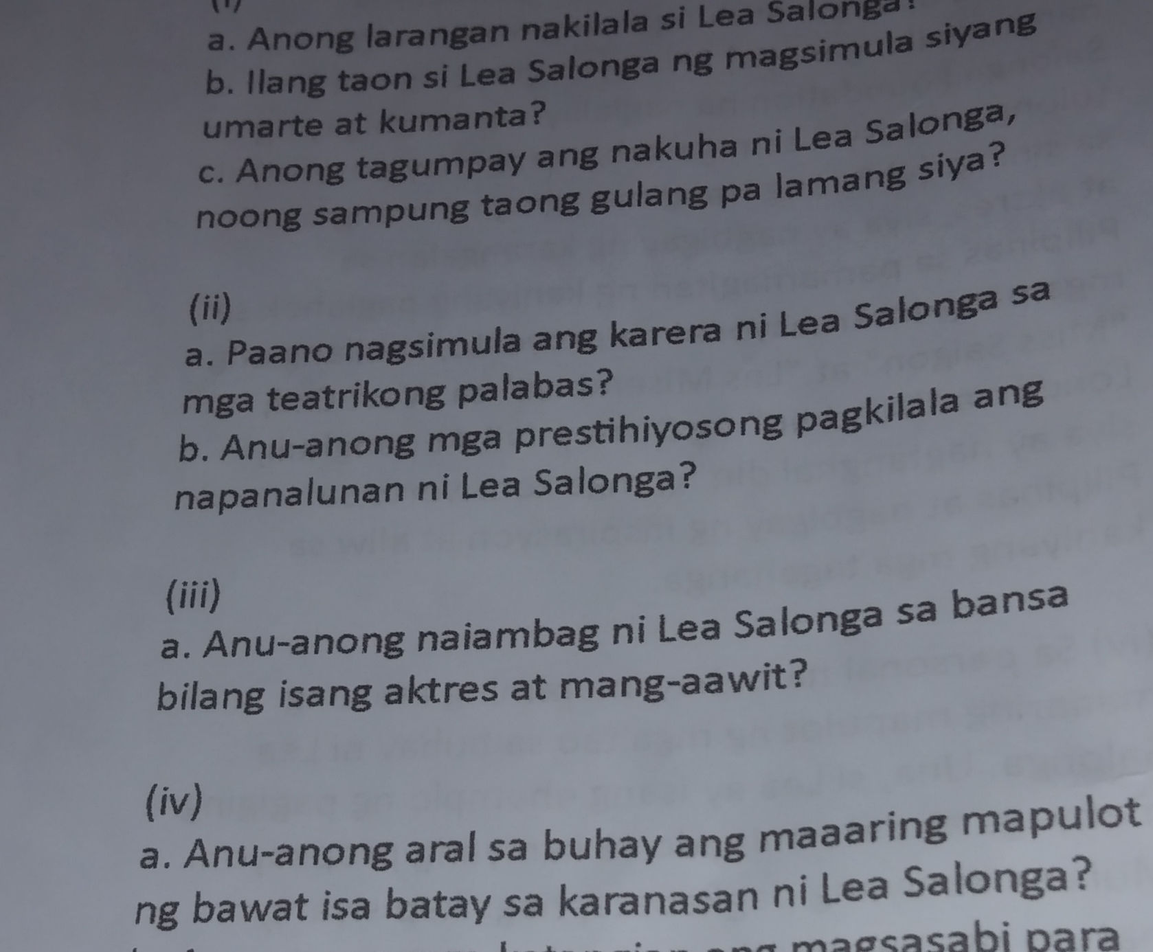 Si Rasel Solonga a Anong larangan nakilala si Lea Salonga b | StudyX