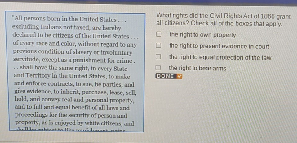 What rights did the Civil Rights Act of 1866 | StudyX