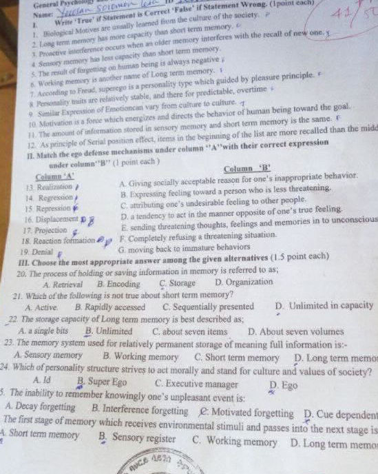 General Psychology Solomon Test Name Yucian | StudyX