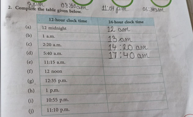 2 Complete the table given below 12-hour | StudyX