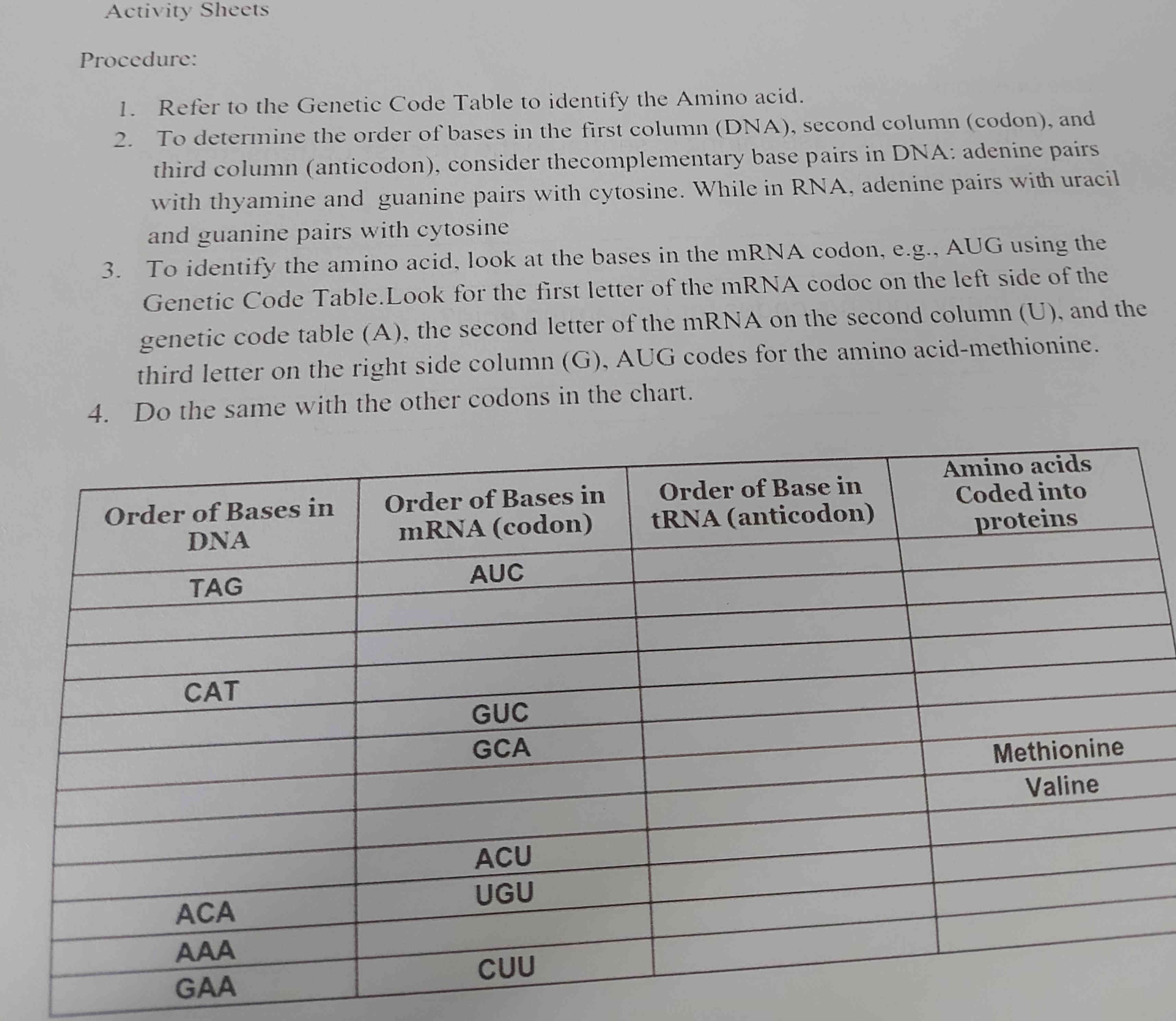 Activity Sheets Procedure 1 Refer to the | StudyX