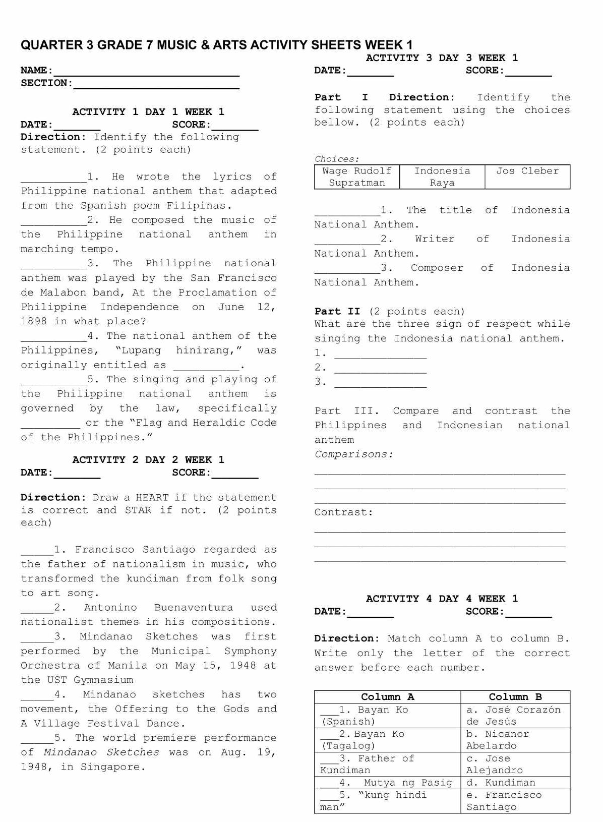 QUARTER 3 GRADE 7 MUSIC ARTS ACTIVITY SHEETS