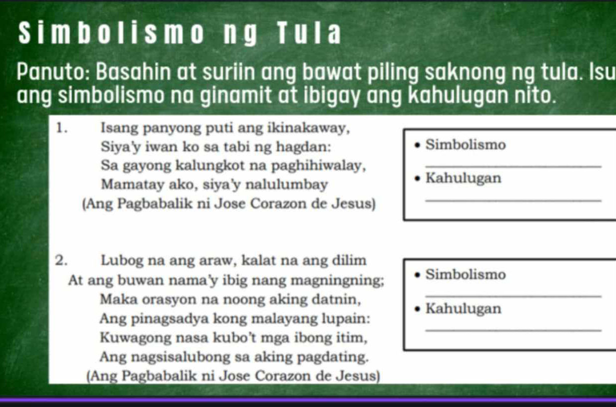 Simbolismo ng TulaPanuto Basahin at suriin | StudyX