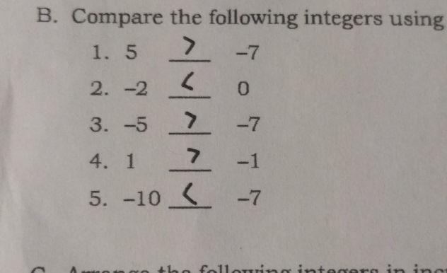 B Compare the following integers using 1 5