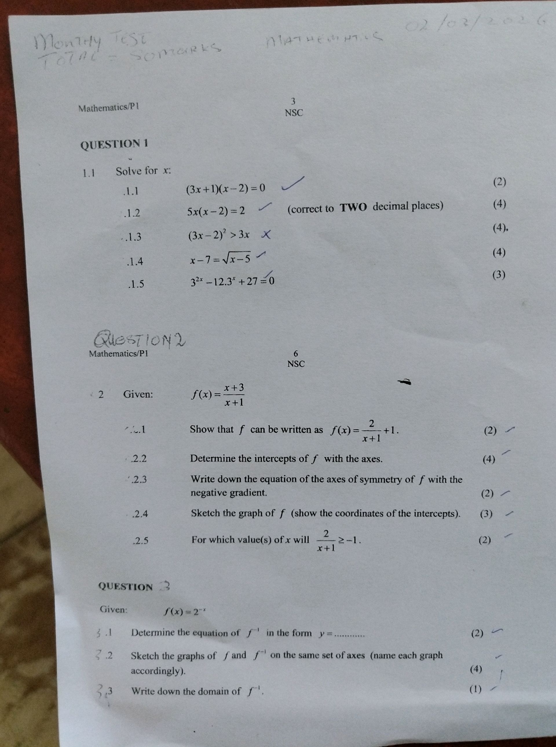 QUESTION 1 1.1 Solve for x: 1.1.1