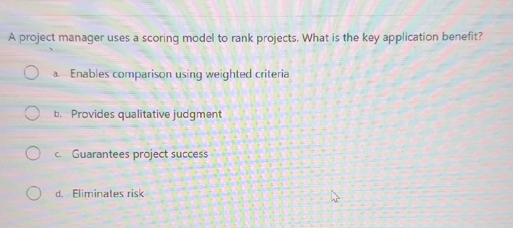 A project manager uses a scoring model to