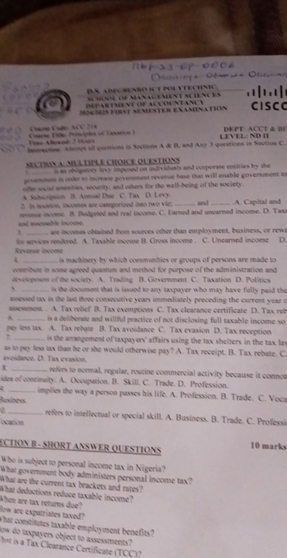 SECTION B-SHORT ANSWER QUESTIONS 10 marks