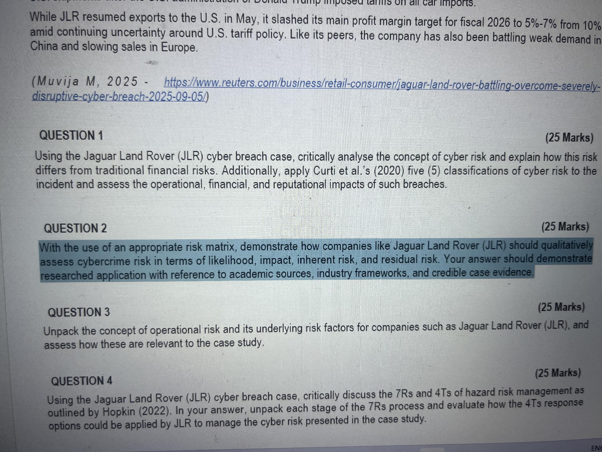 Land Rover Risk Assesment Using the Jaguar Land Rover (JLR) cyber