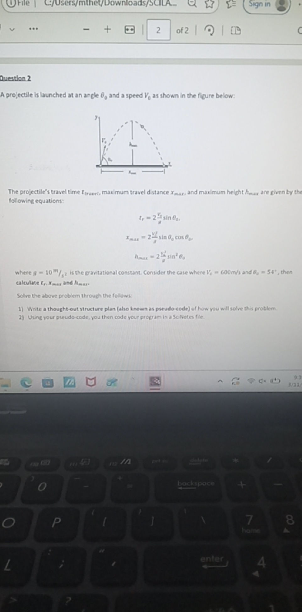 A projectile is launched at an angle $ 0$