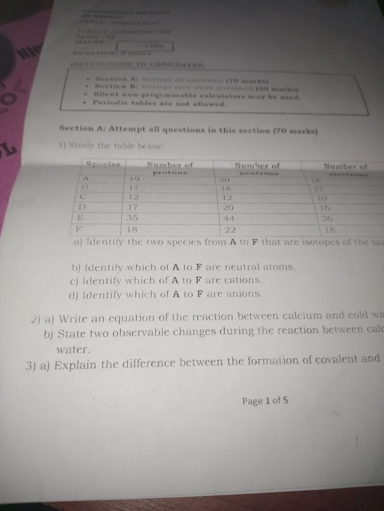 1) Study the table below: | Species | Number