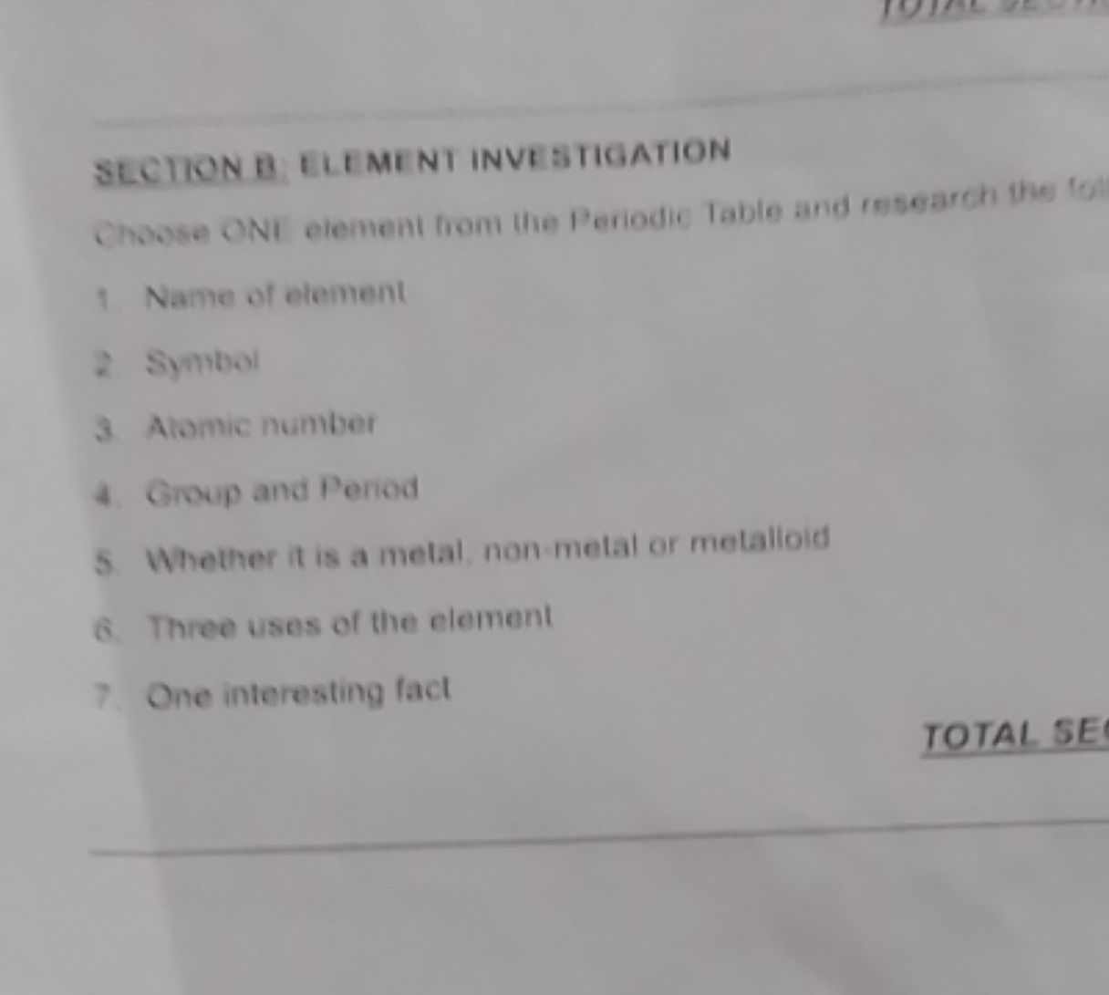 SECTION B: ELEMENT INVESTIGATION Choose ONE