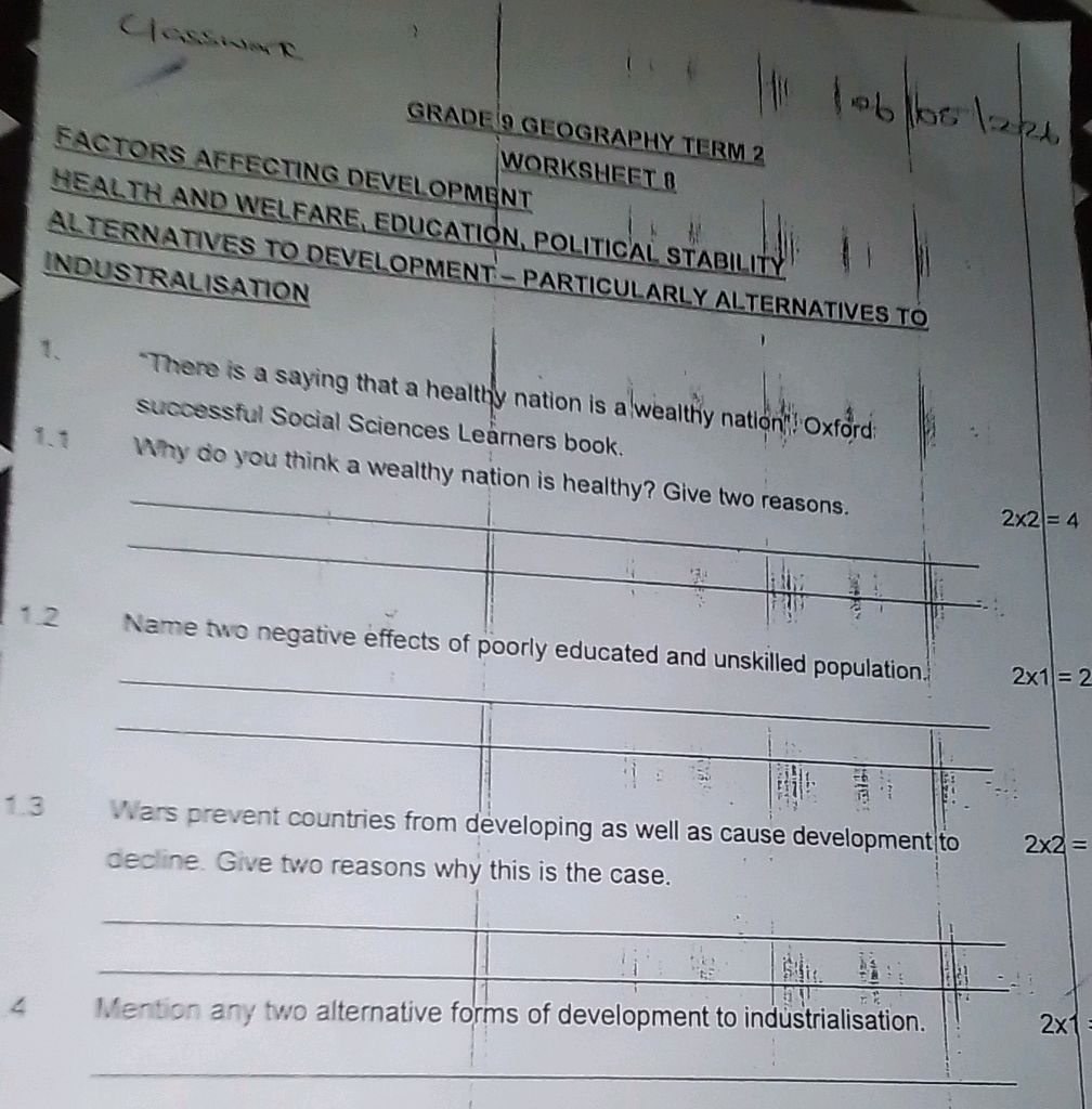 GRADE 9 GEOGRAPHY TERM 12 WORKSHEET B