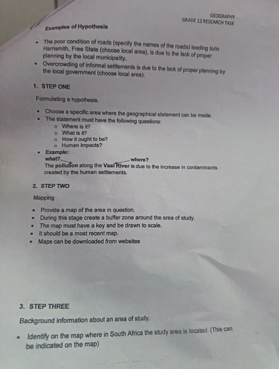 GEOGRAPHY GRADE 12 RESEARCH TASK Examples of