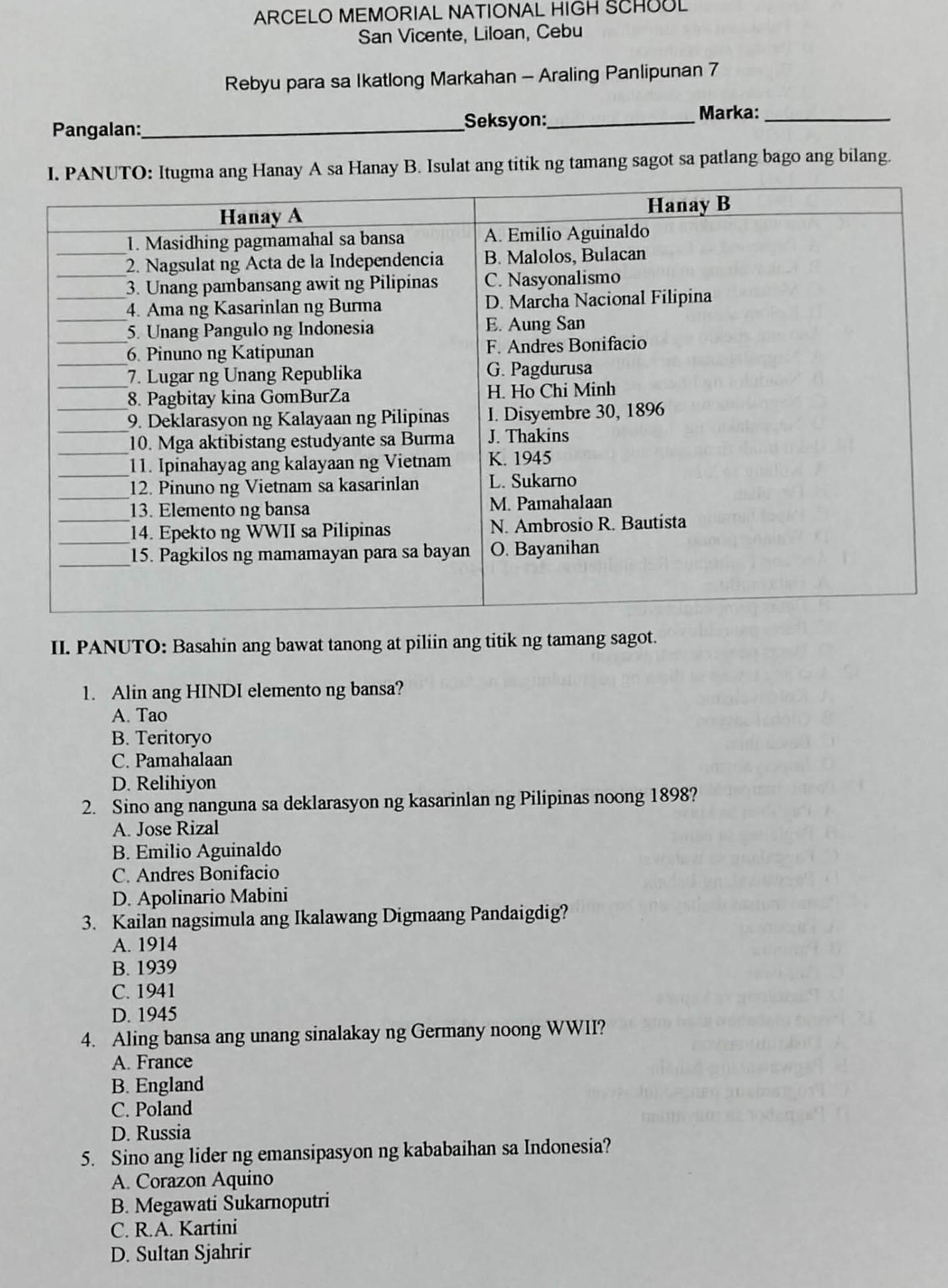 II. PANUTO: Basahin ang bawat tanong at | StudyX
