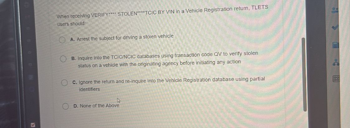 Tlets Number Codes When receiving VERIFY STOLENTCIC BY VIN in a