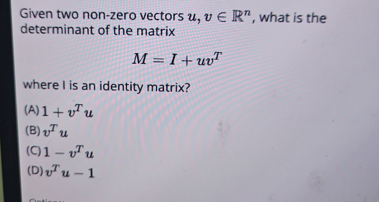 Given two non-zero vectors $u, v {R}^n$, | StudyX