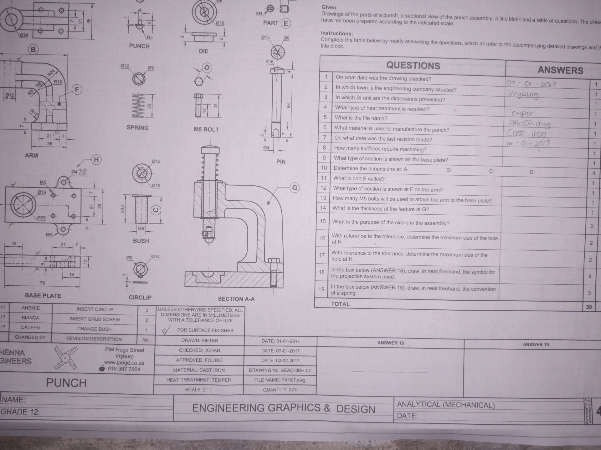 Punch Guide Assembly Given: Drawings of the parts of a punch, a | StudyX