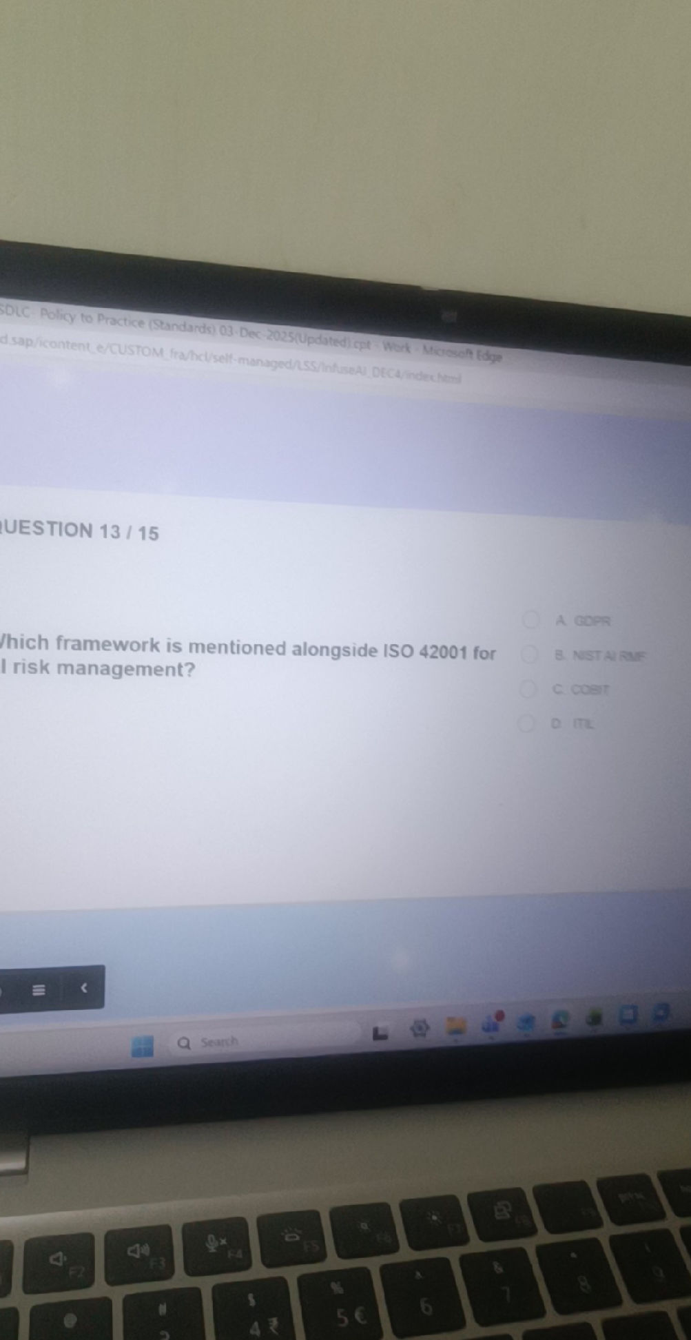 QUESTION 13/15 Which framework is mentioned