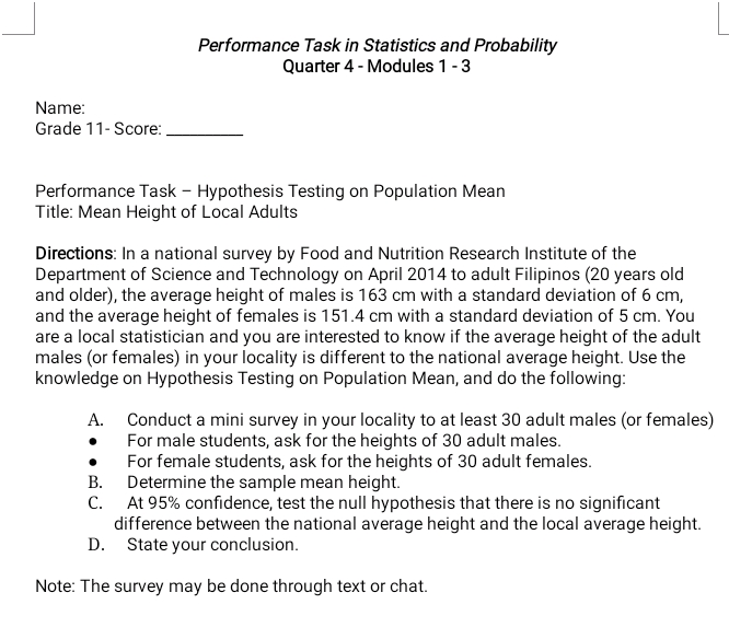 Performance Task in Statistics and