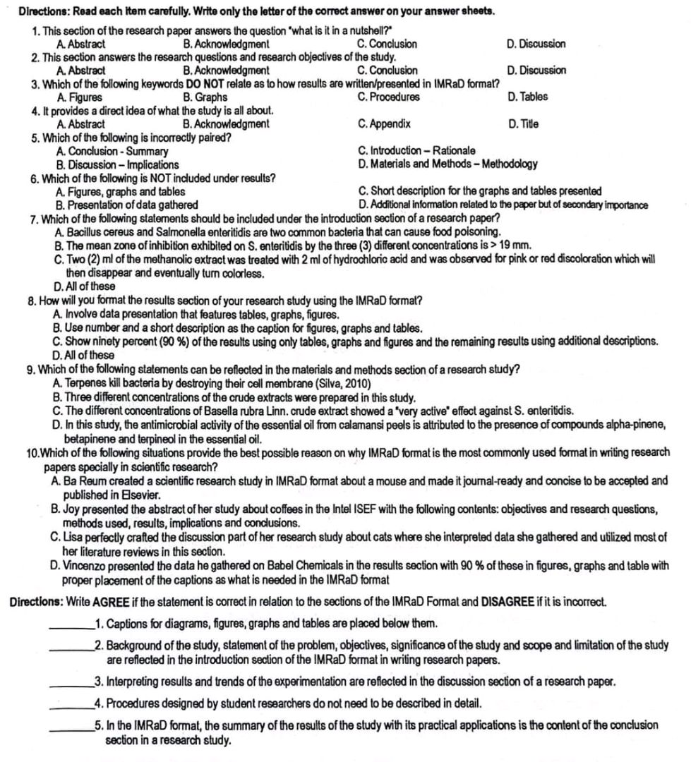 Directions Read each item carefully Write | StudyX