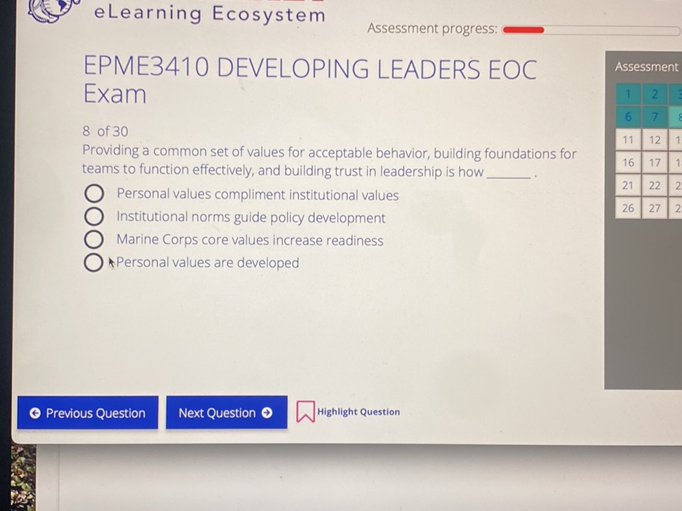 EPME3410 DEVELOPING LEADERS EOC Exam 8 of 30