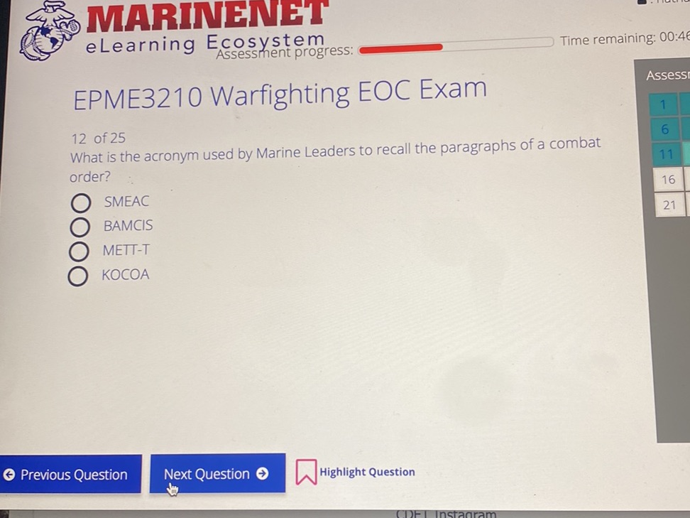 EPME3210 Warfighting EOC Exam 12 of 25 What