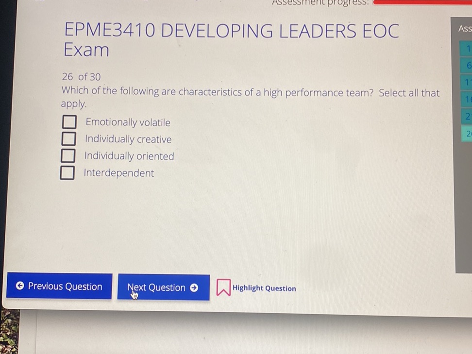 EPME3410 DEVELOPING LEADERS EOC Exam 26 of
