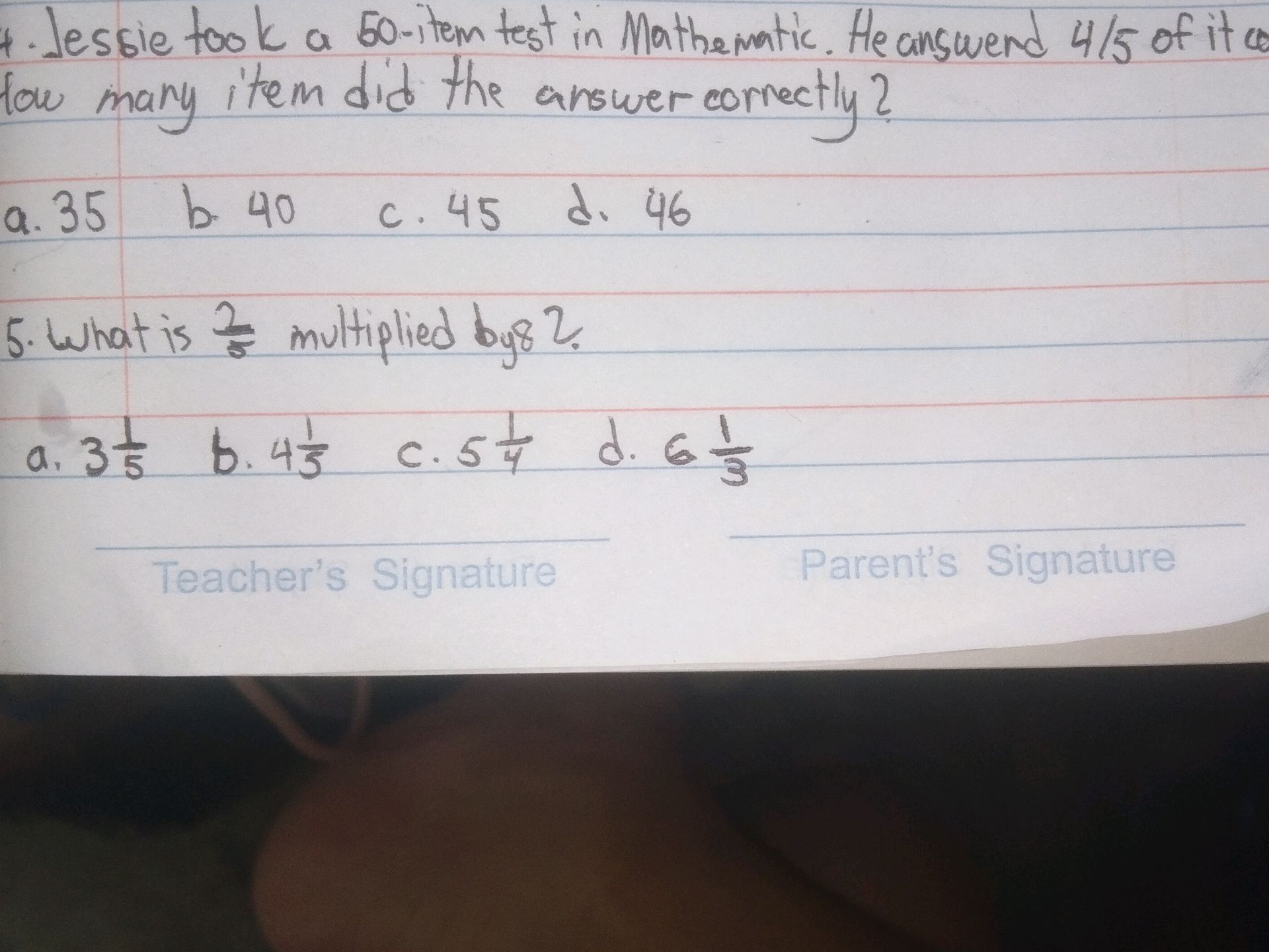 Jessie took a 50-item test in Mathematic. He