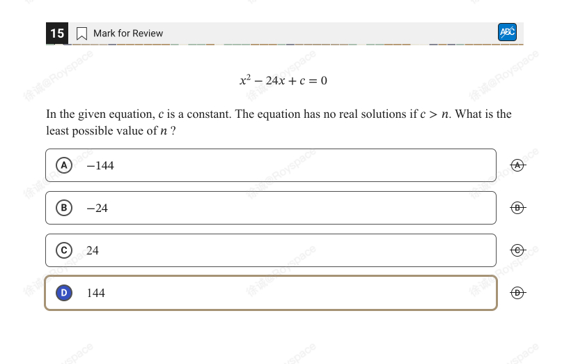 Given the equation, $x^2 - 24x + c = 0$, | StudyX