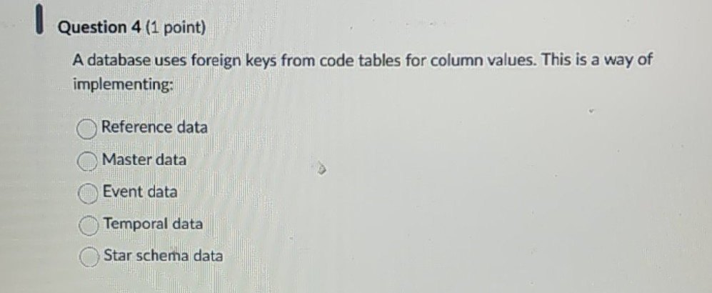 Question 4 (1 point) A database uses foreign | StudyX