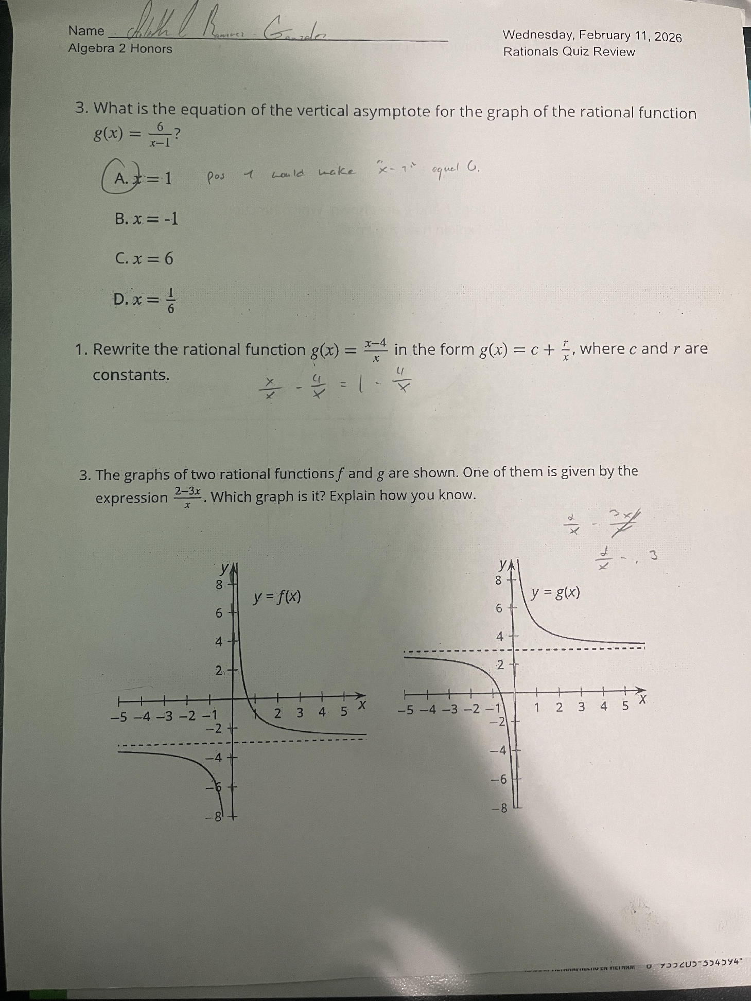 Graphing Rational Function Problems 3. The graphs of two rational functions $f$ | StudyX